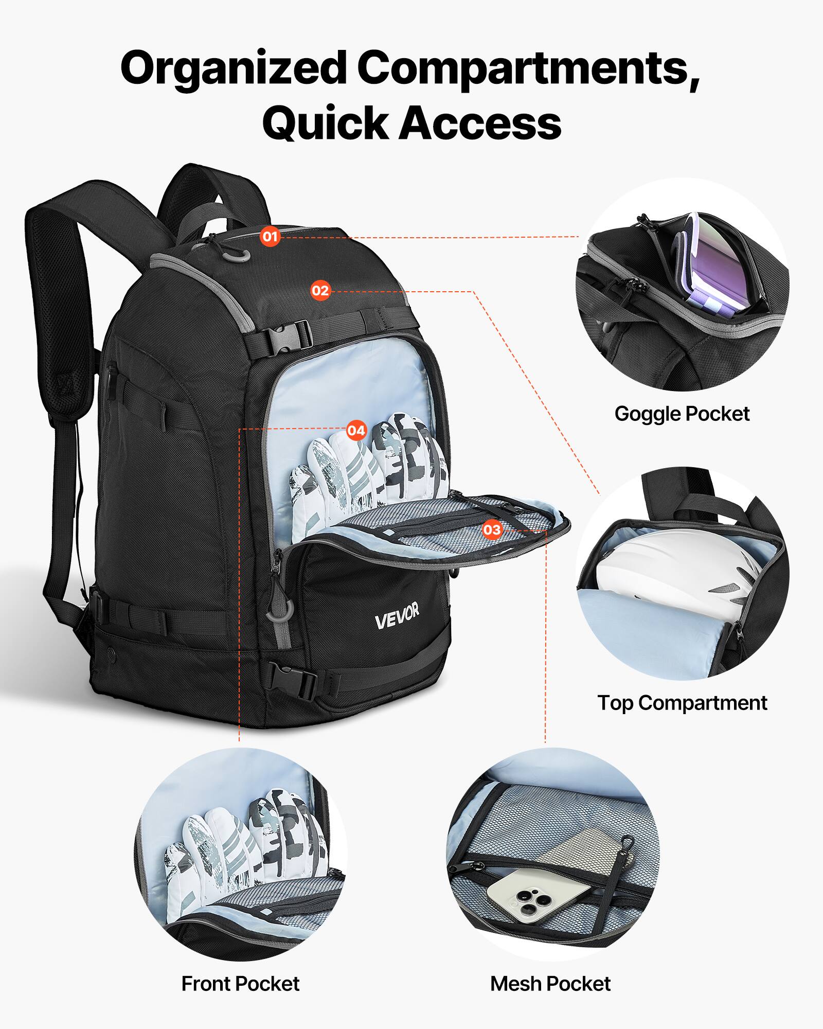 Organized Compartments, Quick Access

01 Goggle Pocket

02 Top Compartment

03 Front Pocket

04 Mesh Pocket