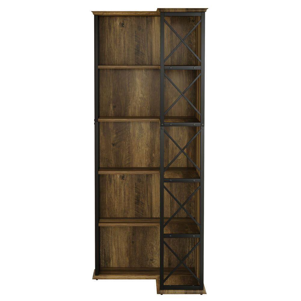 Front. Kadyn - 71-Inch Tall Corner Shelf, 5-Tier Industrial L-Shaped Bookcase with Baffle, Rustic Brown - Brown.