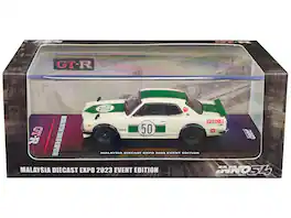 Inno Models - Nissan Skyline 2000 GT-R KPGC10 #50 RHD White Green Stripes Malaysia Diecast Expo 2023 Event Edition 1/64 - White, Green