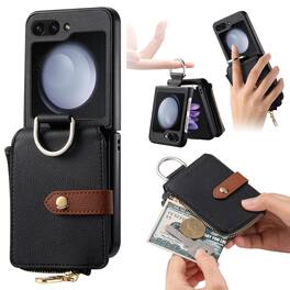 Dteck - Flip Wallet Case for Samsung Galaxy Z Flip6 / 7 FE,Built-in Metal Finger Ring,Shockproof Zipper Pocket PU Leather Cover - Black