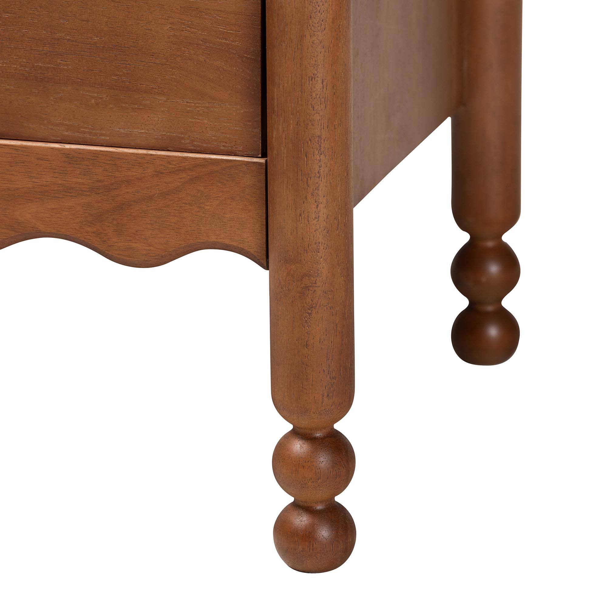 Alt View 2. Baxton Studio - Hoffman Nightstand - 2-Drawer Bedside Table with Scalloped Apron and Turned Legs for Bedroom - Walnut Brown.