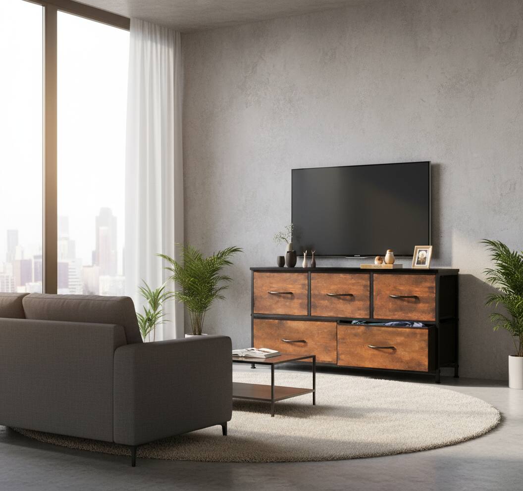 Alt View 1. AOITUN - 5-Drawer Wide Fabric Dresser for Bedroom - Tall Chest Drawer for Small Spaces - brown.