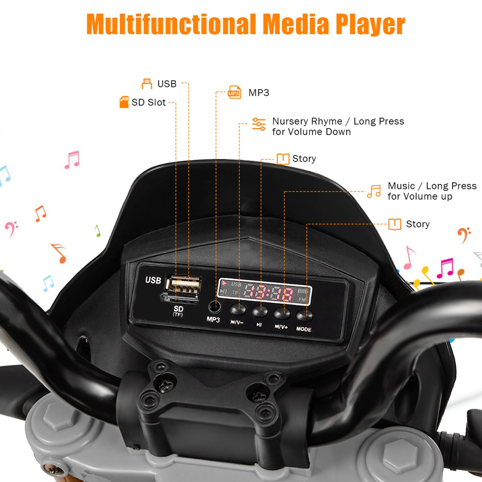 Multifunctional Media Player

- USB
- SD Slot
- MP3
- Nursery Rhyme / Long Press for Volume Down
- Story
- Music / Long Press for Volume up
- Story

USB SD (TF) USB HI TF I MP3 M/V- M FM M/V+ MODE