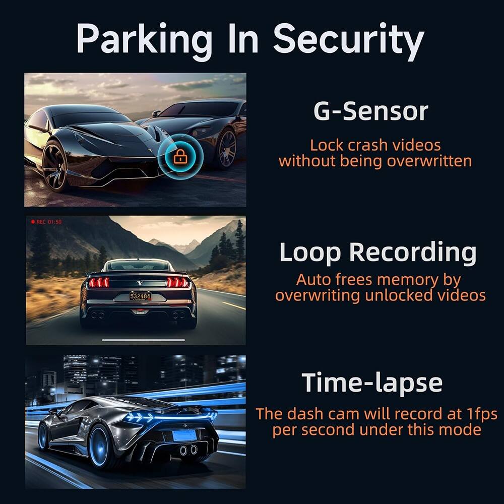 Parking In Security

G-Sensor  
Lock crash videos without being overwritten

Loop Recording  
Auto frees memory by overwriting unlocked videos

Time-lapse  
The dash cam will record at 1fps per second under this mode