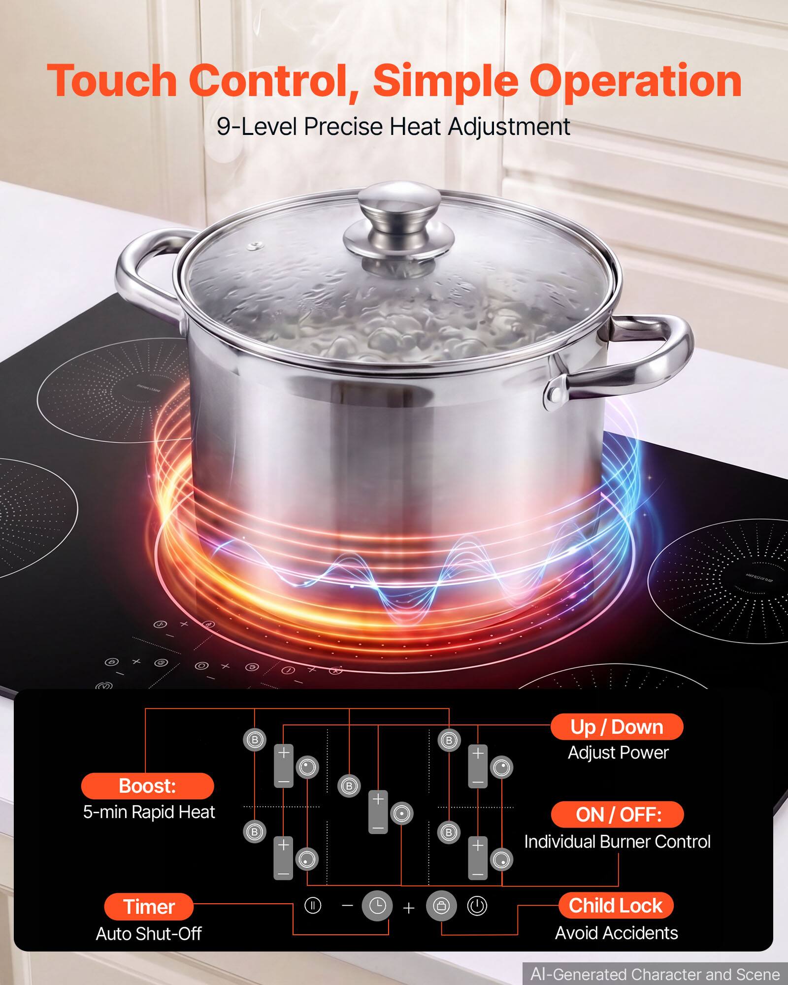 Touch Control, Simple Operation  
9-Level Precise Heat Adjustment  

Boost: 5-min Rapid Heat  

Up/Down Adjust Power  
ON/OFF: Individual Burner Control  

Timer Auto Shut-Off  
Child Lock Avoid Accidents  

AI-Generated Character and Scene