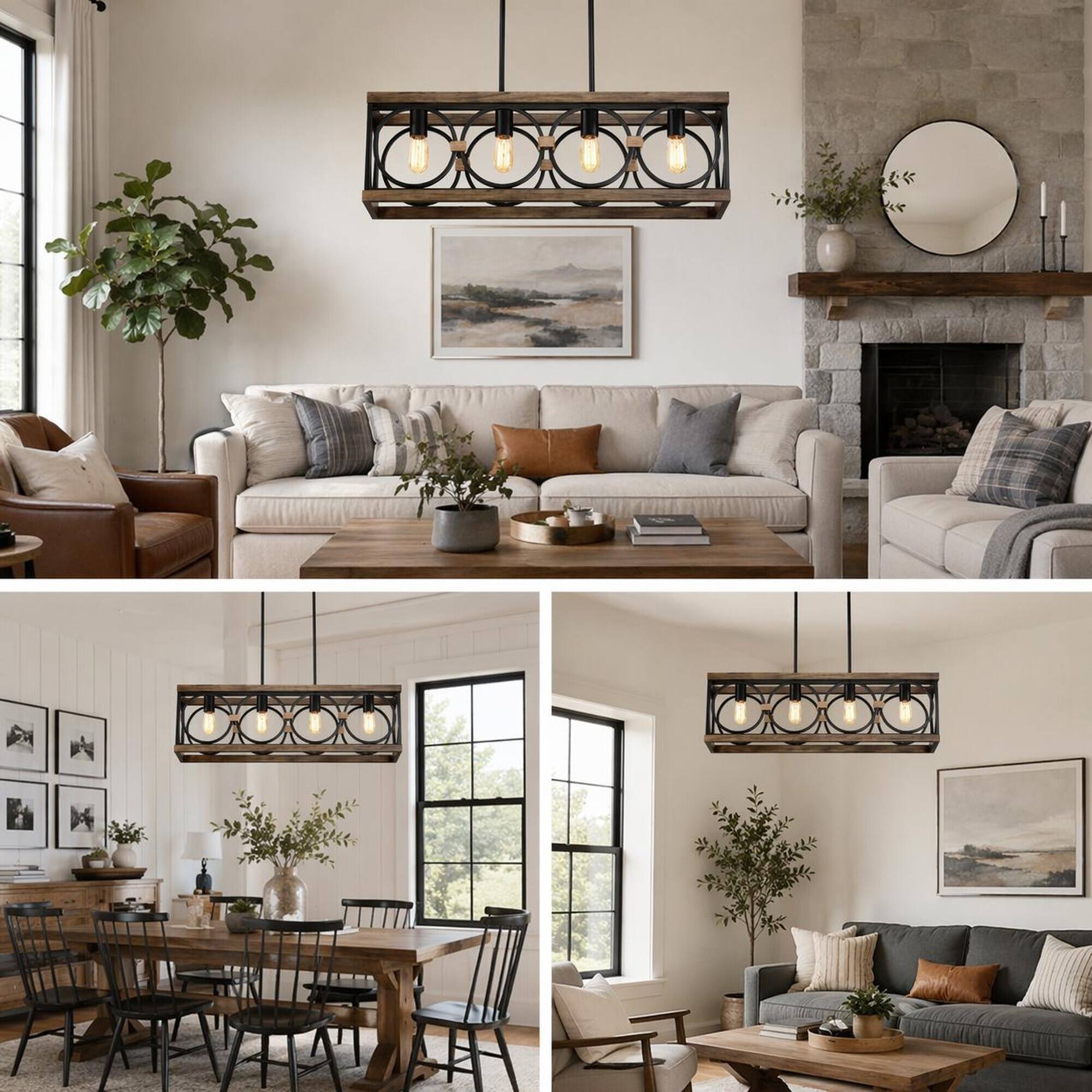 Back. RYHNUYNE - Rustic Farmhouse 4-Light Rectangular Pendant with Natural Wood Accents and Black Metal Frame, 31.6-Inch.
