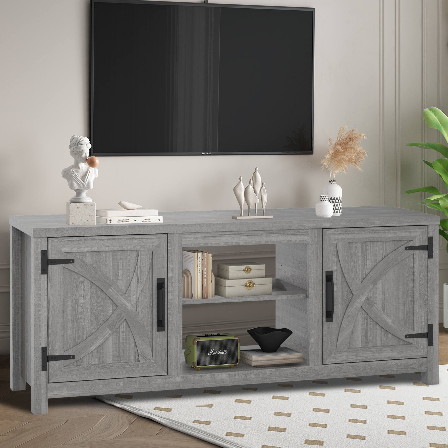 Left. Ihomeadore - 58" Farmhouse TV Stand with Open Storage Shelves and Cabinets for TV up to 65" - Gray.