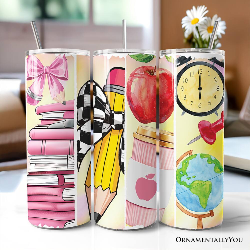 Back. OrnamentallyYou - Coquette Pink Teacher 20oz Tumbler With Stainless Steel Straw, Retro School Brushstrokes Gift Cup - Multicolored.