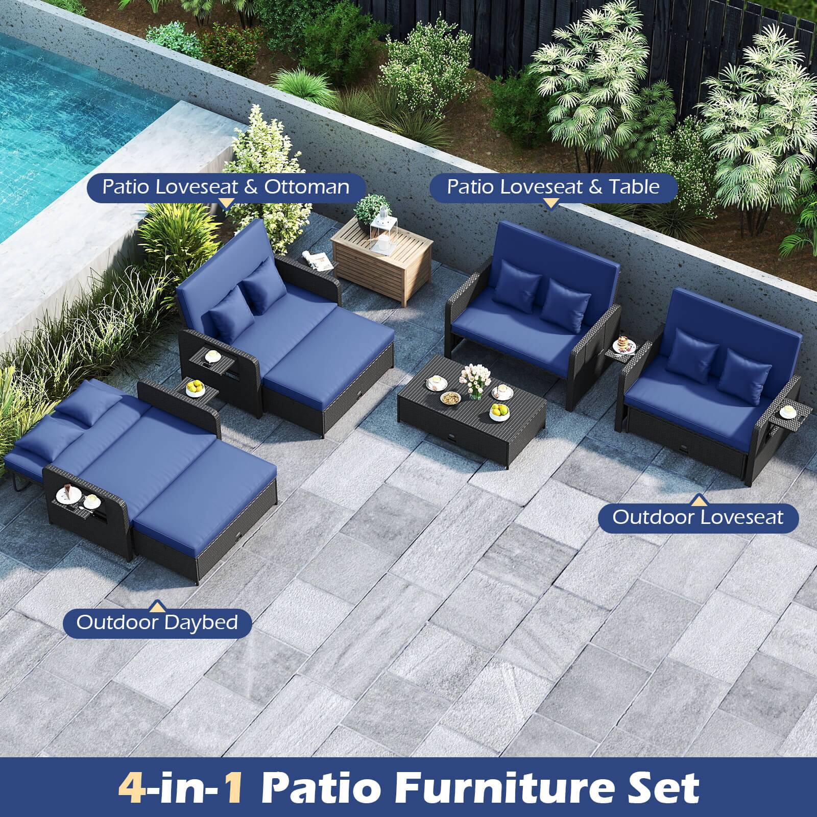 Patio Loveseat & Ottoman  
Patio Loveseat & Table  
Outdoor Daybed  
Outdoor Loveseat  

4-in-1 Patio Furniture Set