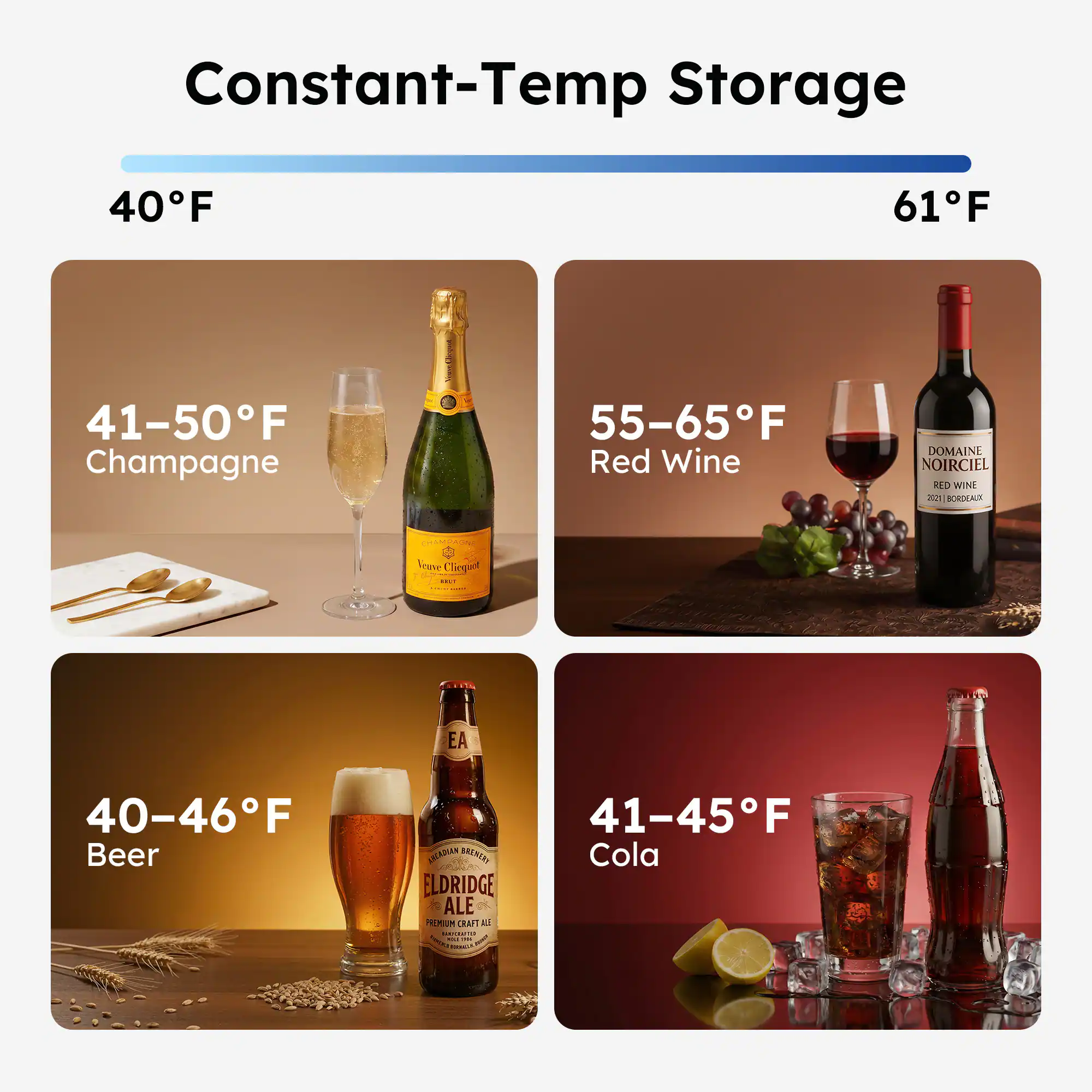 Constant-Temp Storage

40°F - 61°F

41-50°F Champagne

55-65°F Red Wine

40-46°F Beer

41-45°F Cola