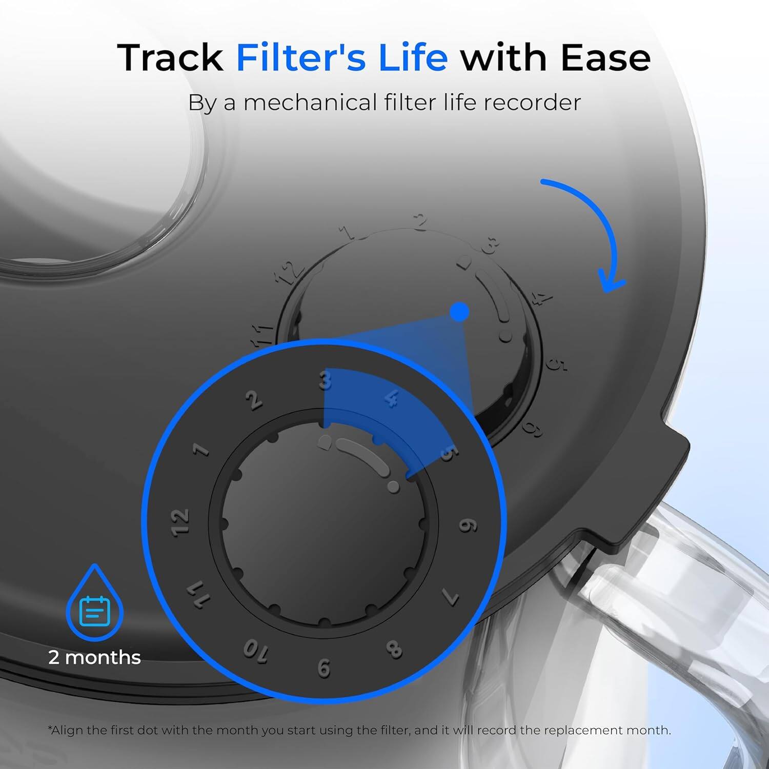 Track Filter's Life with Ease  
By a mechanical filter life recorder  

1 12 2 1 12 11 3 2 4 ! 3 L 6  5 2 months 11 10 6 8  

Align the first dot with the month you start using the filter, and it will record the replacement month.