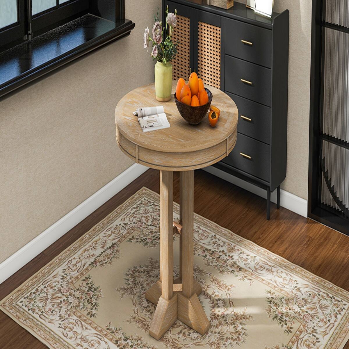 Loheer Extendable Round Dining Table Natural Wood Finish for Kitchen ...
