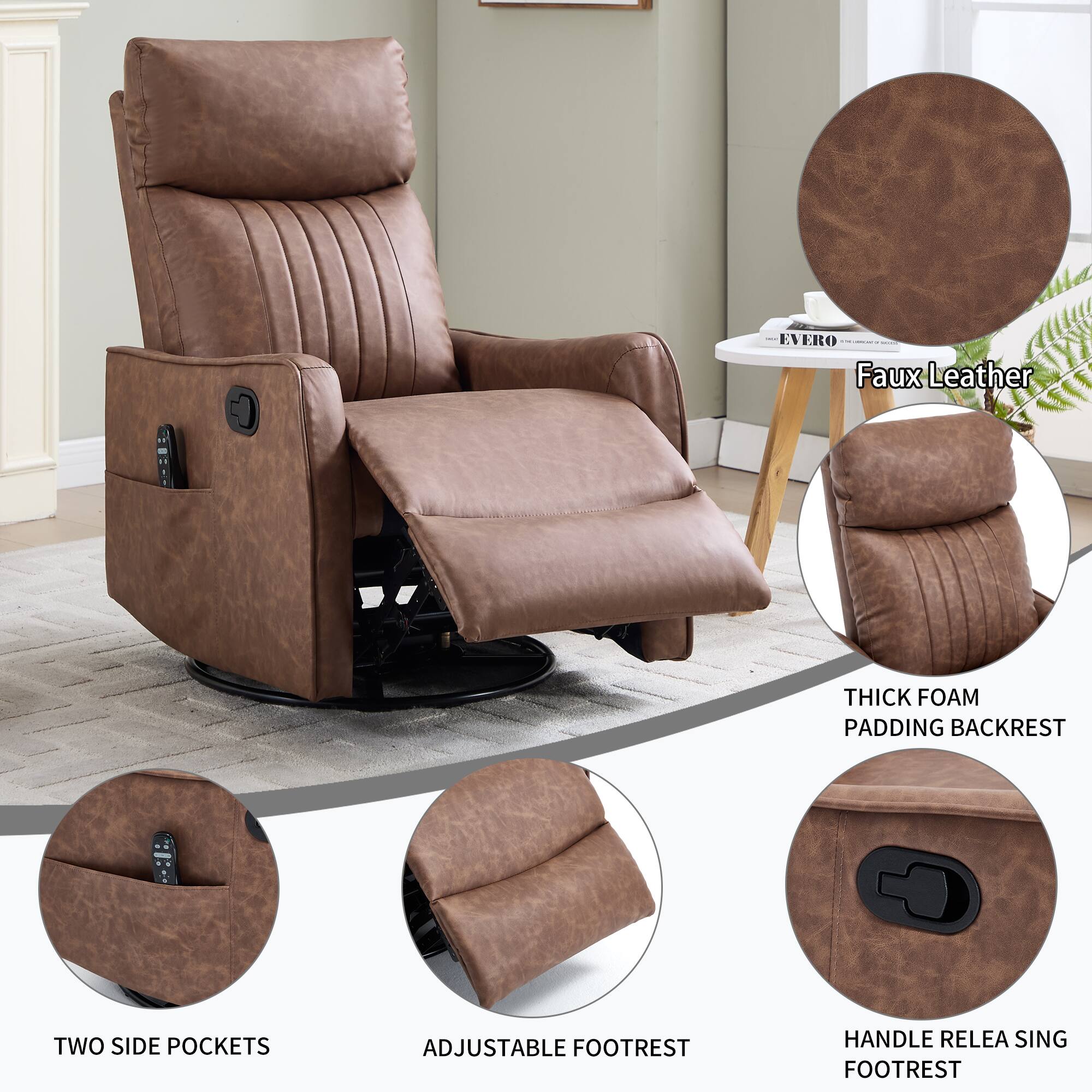 - Faux Leather
- Thick Foam Padding Backrest
- Two Side Pockets
- Adjustable Footrest
- Handle Releasing Footrest