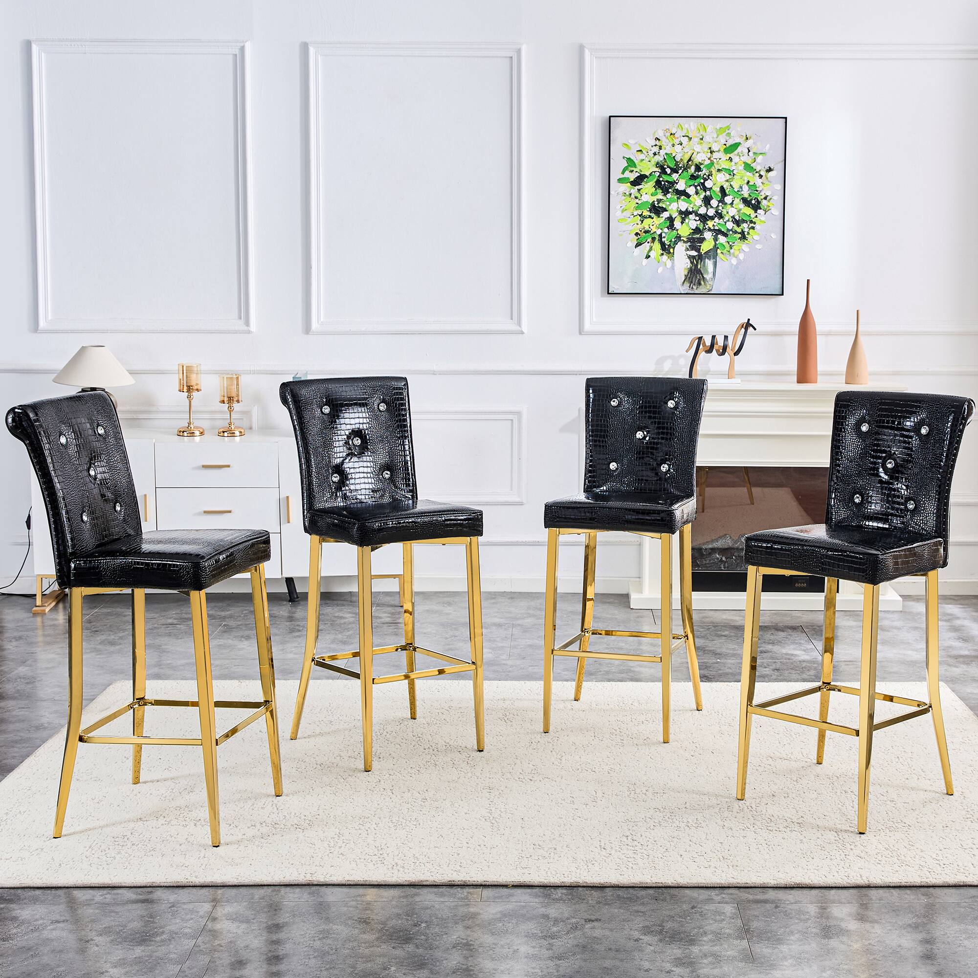 Alt View 1. Loheer - Set of 2 Vintage Bar Chairs Faux Crocodile Leather Crystal Tufted Stools 21.3x17x45 in - Black.