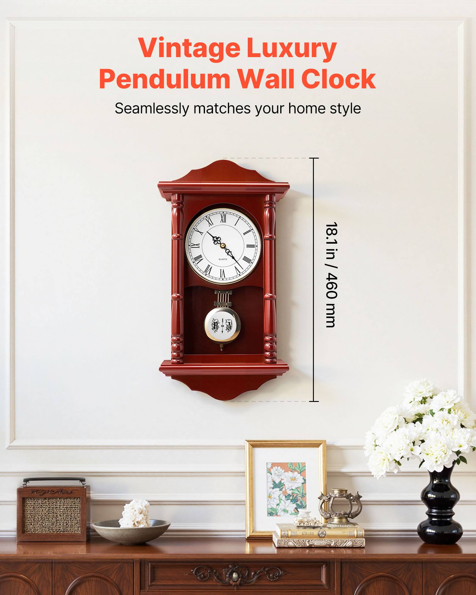 Vintage Luxury Pendulum Wall Clock - Seamlessly matches your home style. Dimensions: 18.1 in x 18.1 in (460 mm x 460 mm).