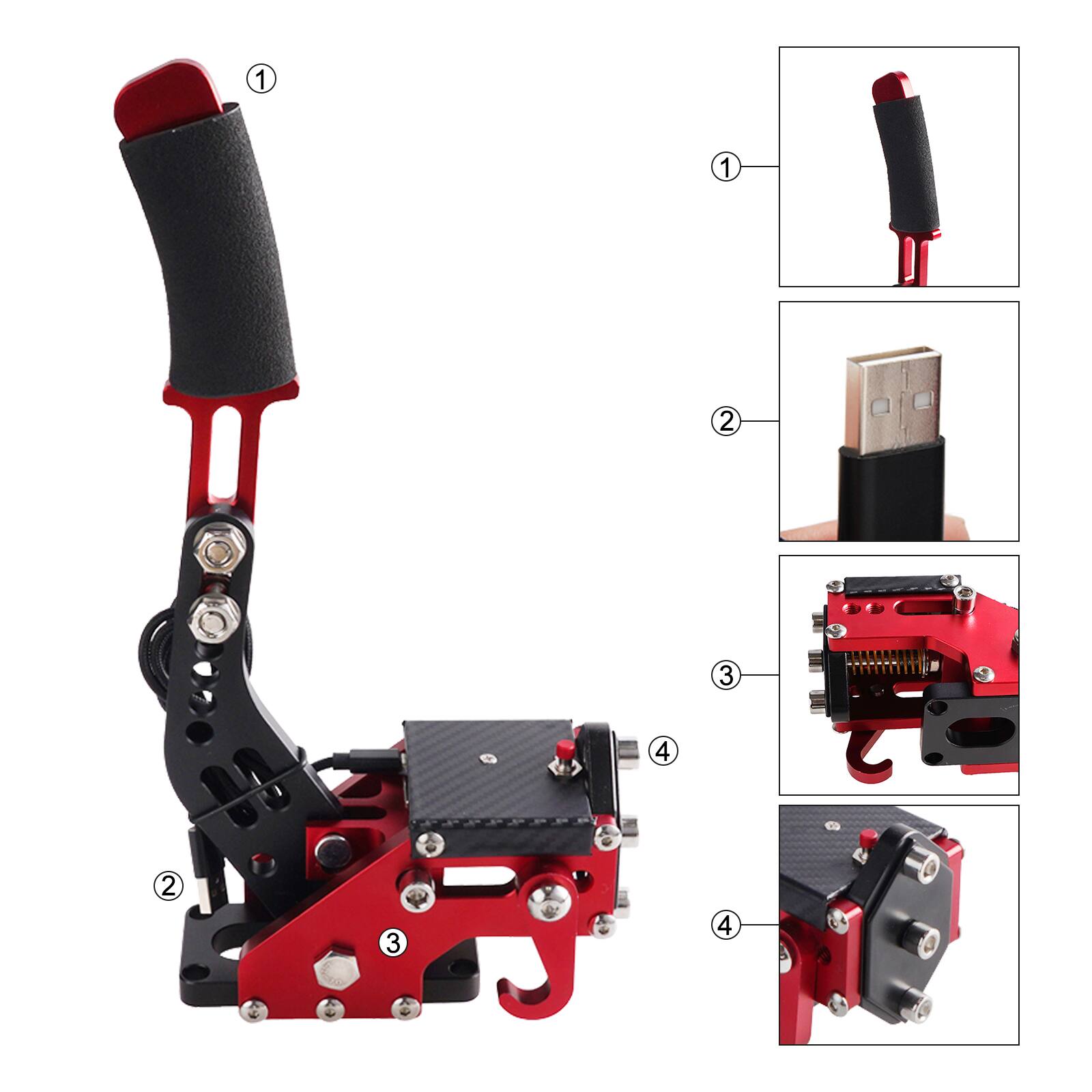 Back. Topteng - 14Bit USB Handbrake for Logitech G29 - PS4/PS5 & PC Compatible, Plug & Play, Hall Sensor, Adjustable Height - Red.