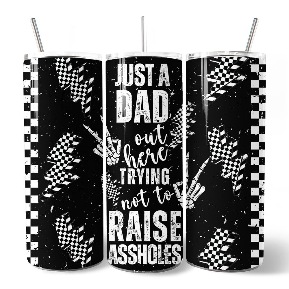 OrnamentallyYou - Just A Dad Checkered Lightning 20oz Tumbler With Lid and Stainless Steel Straw - Multicolored