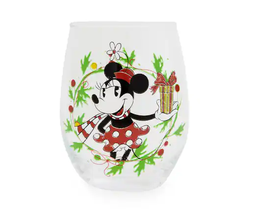 Front. Silver Buffalo - Disney Minnie Mouse Christmas Wreath Stemless Wine Glass | Holds 20 Ounces - Red.