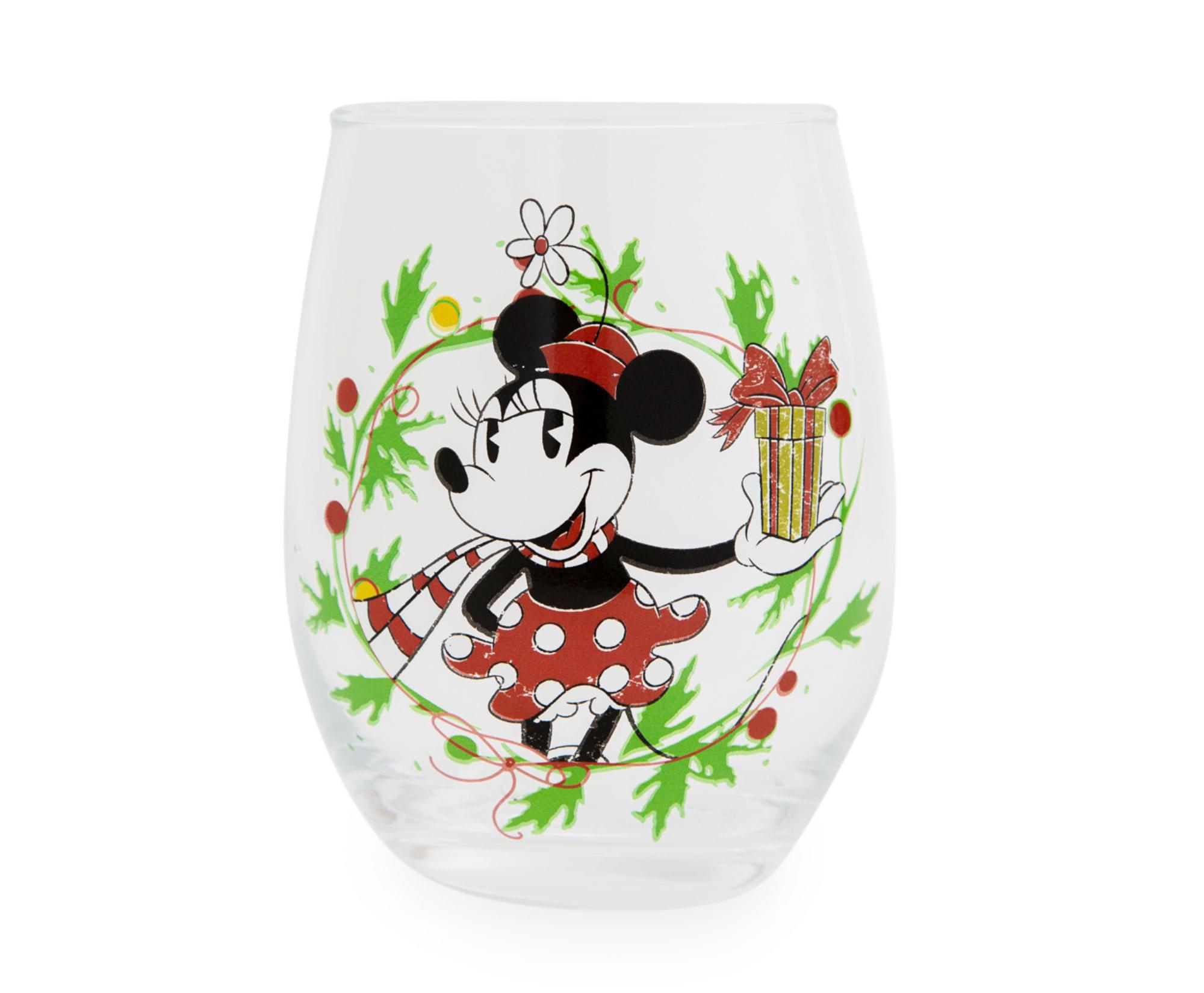 Front. Silver Buffalo - Disney Minnie Mouse Christmas Wreath Stemless Wine Glass | Holds 20 Ounces - Red.