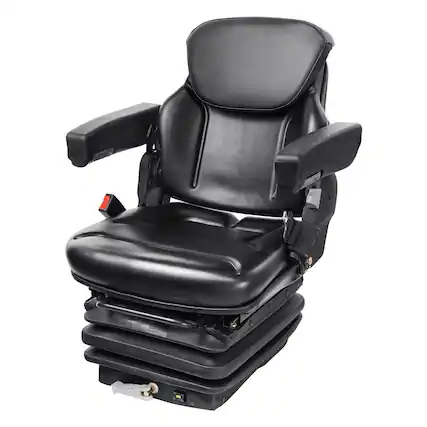 Front. Glintex - Universal Tractor Seat with Suspension, Adjustable Backrest, Armrests, and Seatbelt for Forklifts and Loaders - Black.