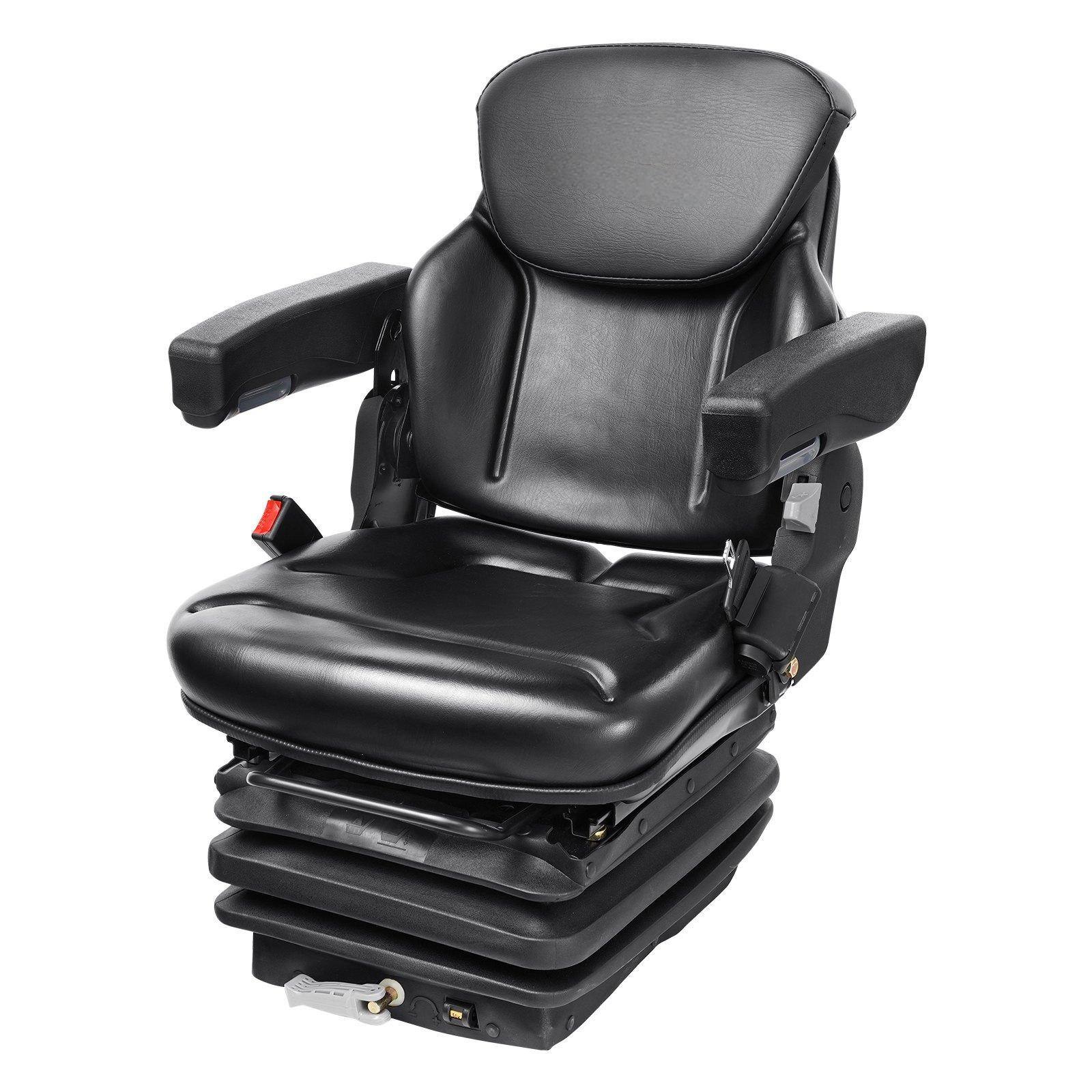 Front. Glintex - Universal Tractor Seat with Suspension, Adjustable Backrest, Armrests, and Seatbelt for Forklifts and Loaders - Black.
