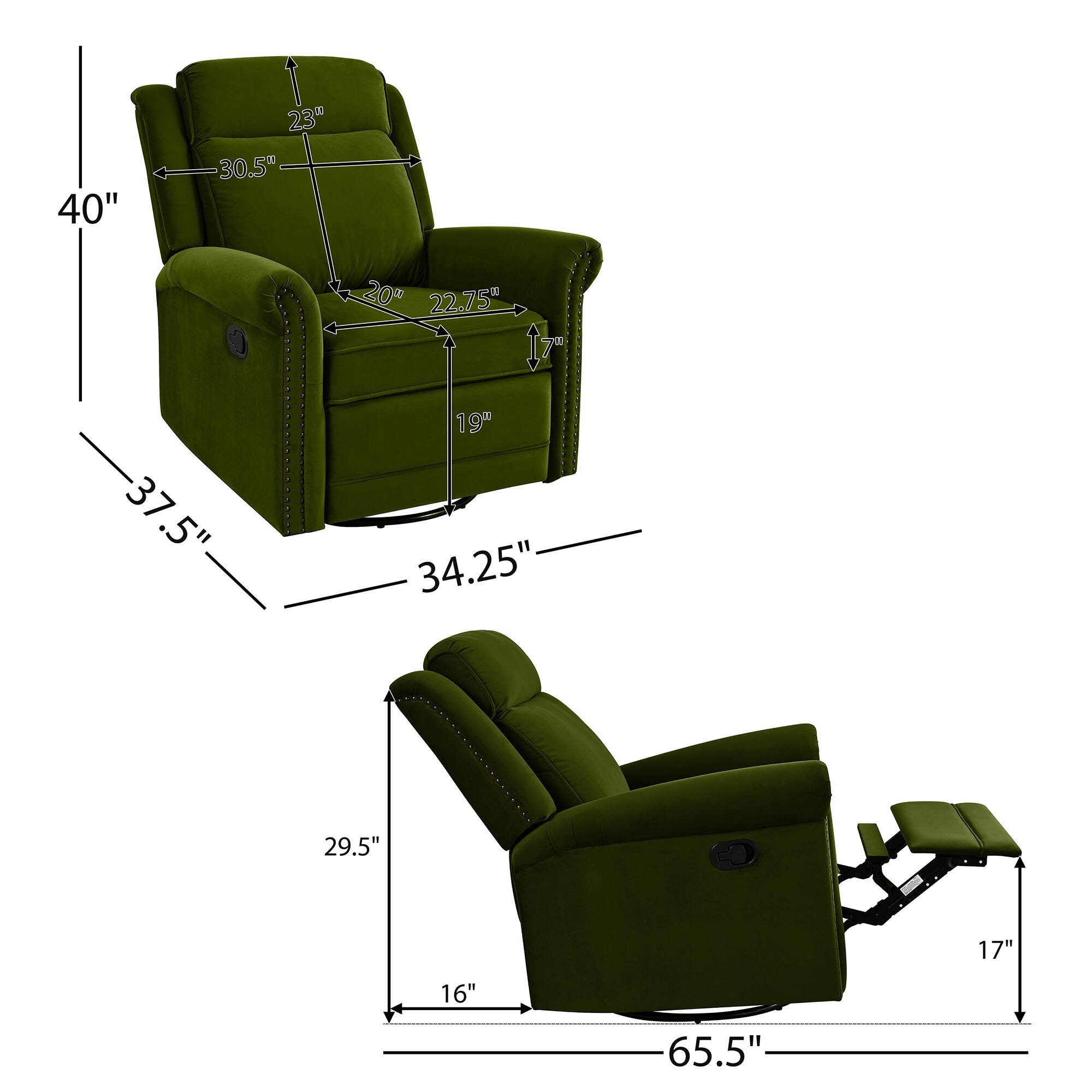- Width: 40"
- Depth: 37.5"
- Height: 40"
- Seat Height: 20"
- Seat Depth: 22.75"
- Armrest Height: 23"
- Armrest Width: 30.5"
- Back Height: 34.25"
- Footrest Height: 19"
- Reclined Length: 65.5"
- Reclined Depth: 29.5"
- Reclined Height: 16"
- Reclined Armrest Height: 17"