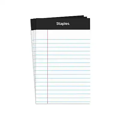 Front. Staples - Perforated Mini Legal Writing Pads - Narrow Ruled, 3.5" x 5.5", 3/Pack - White.