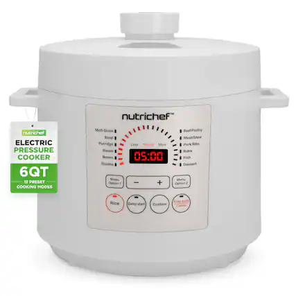 nutrichef ELECTRIC PRESSURE COOKER 6QT 12 PRESET COOKING MODES
Multi Grain | Soup | Porridge | Steam | Beans | Risotto
Menu Option 1: Beef/Poultry | Meat/Stew | Pork Ribs | Bake | Fish | Dessert
Menu Option 2: Rice | Delay start | Custom | Keep warm | Cancel