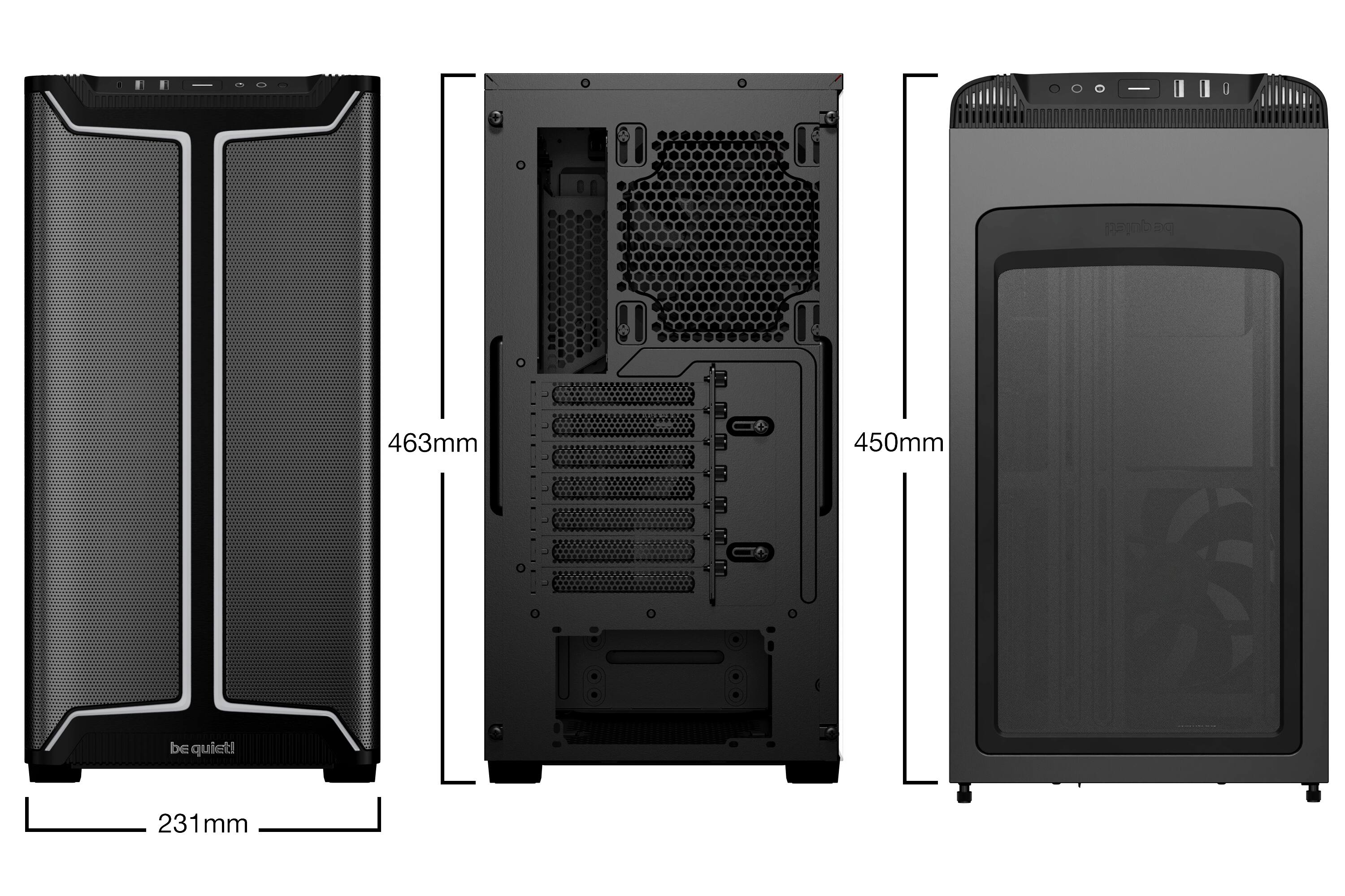 The dimensions of the computer case are:

- Height: 463 mm
- Width: 231 mm
- Depth: 450 mm