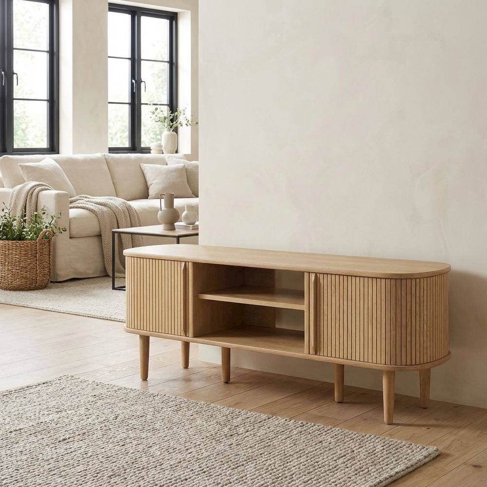 Left. FurniFact - Brown wooden TV stand with sleek design and sturdy construction - Brown.
