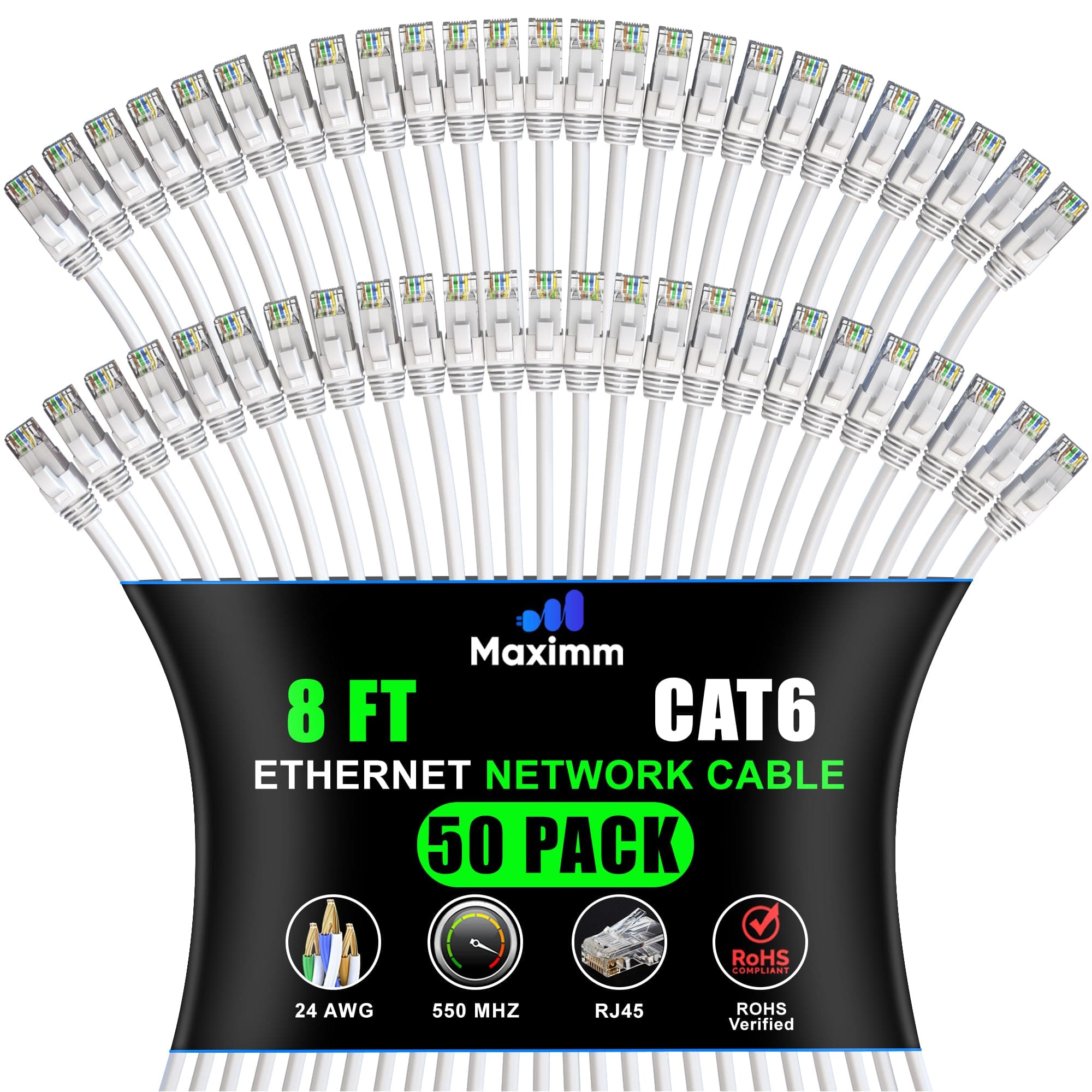 Maximm - Cat 6 Ethernet Cable 8 ft (50-Pack) - UTP, 10Gbps, 550MHz