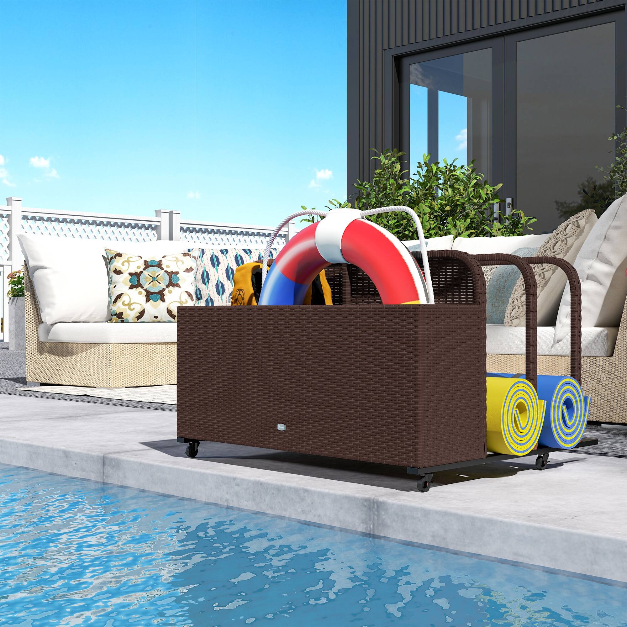 Alt View 7. Outsunny - Wicker Patio Pool Float Storage Basket, PE Rattan Outdoor Pool Caddy with Rolling Wheels for Floaties, Noodles - Brown.