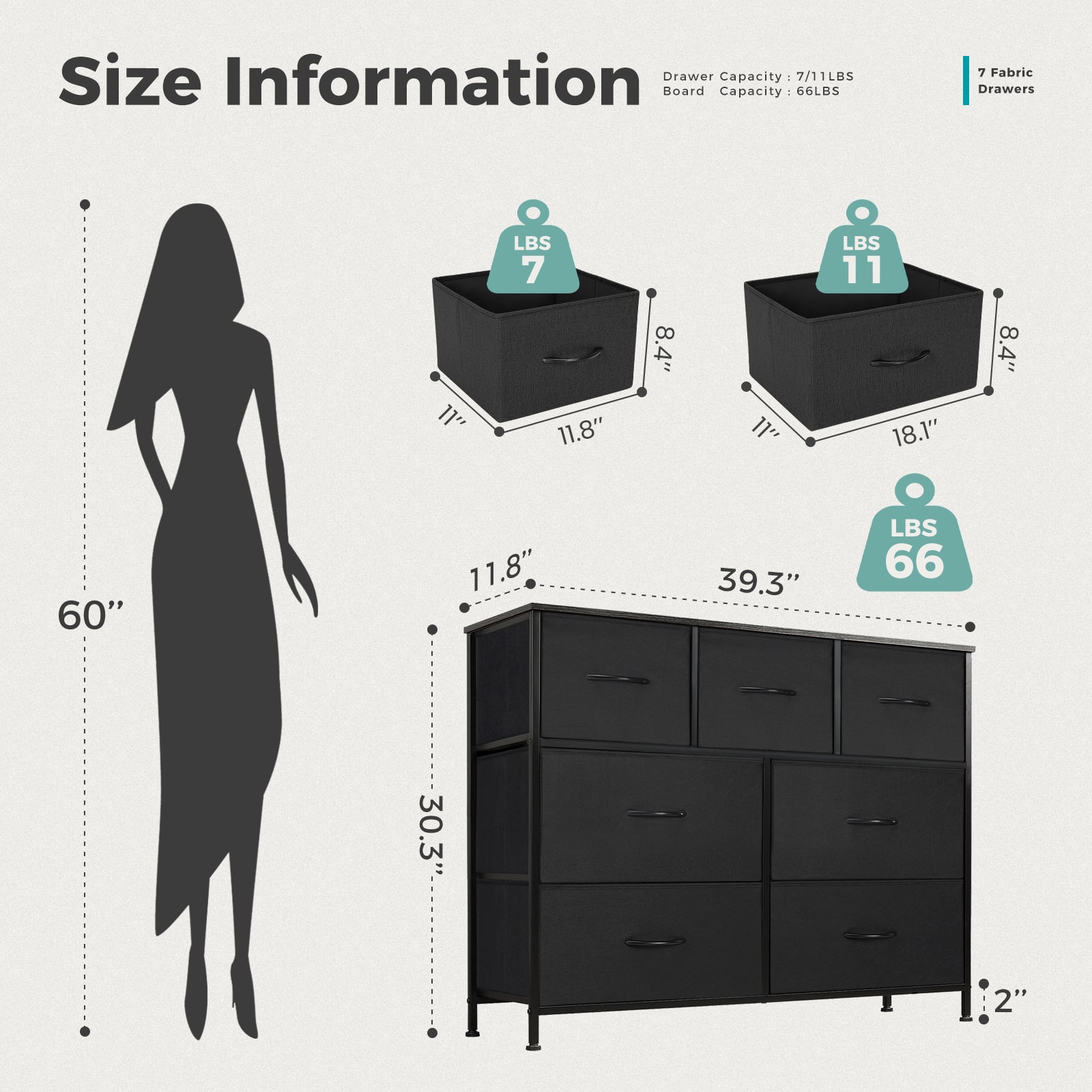 Size Information:
* Drawer Capacity: 7/11 LBS
* Board Capacity: 66 LBS
* 2 Fabric Drawers
* LBS 7
* LBS 11
* 11.8" 8.4" 18.1" 8.4" 60" 11.8" 39.3"
* LBS 66
* 30.3" 2"