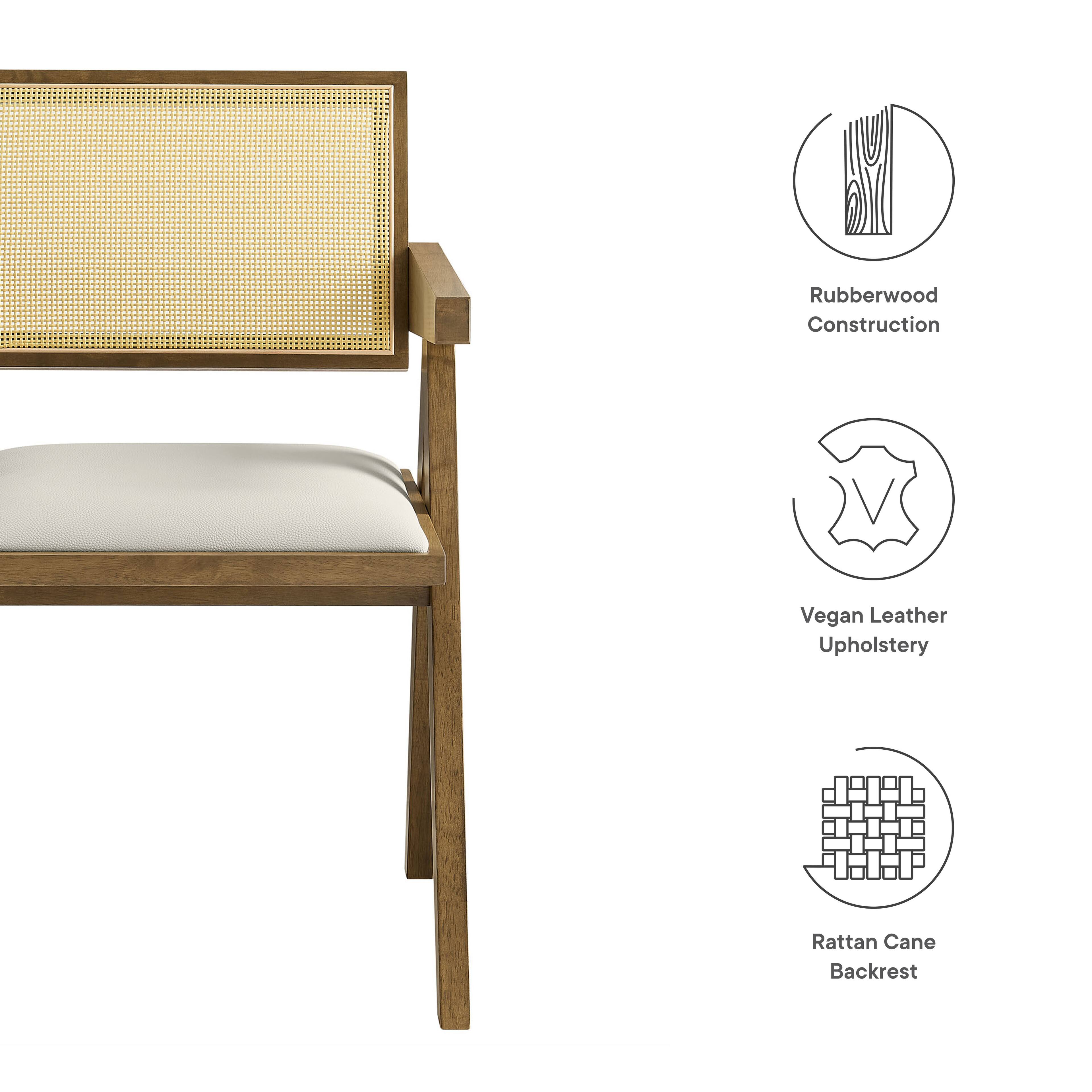 Rubberwood Construction  
Vegan Leather Upholstery  
Rattan Cane Backrest