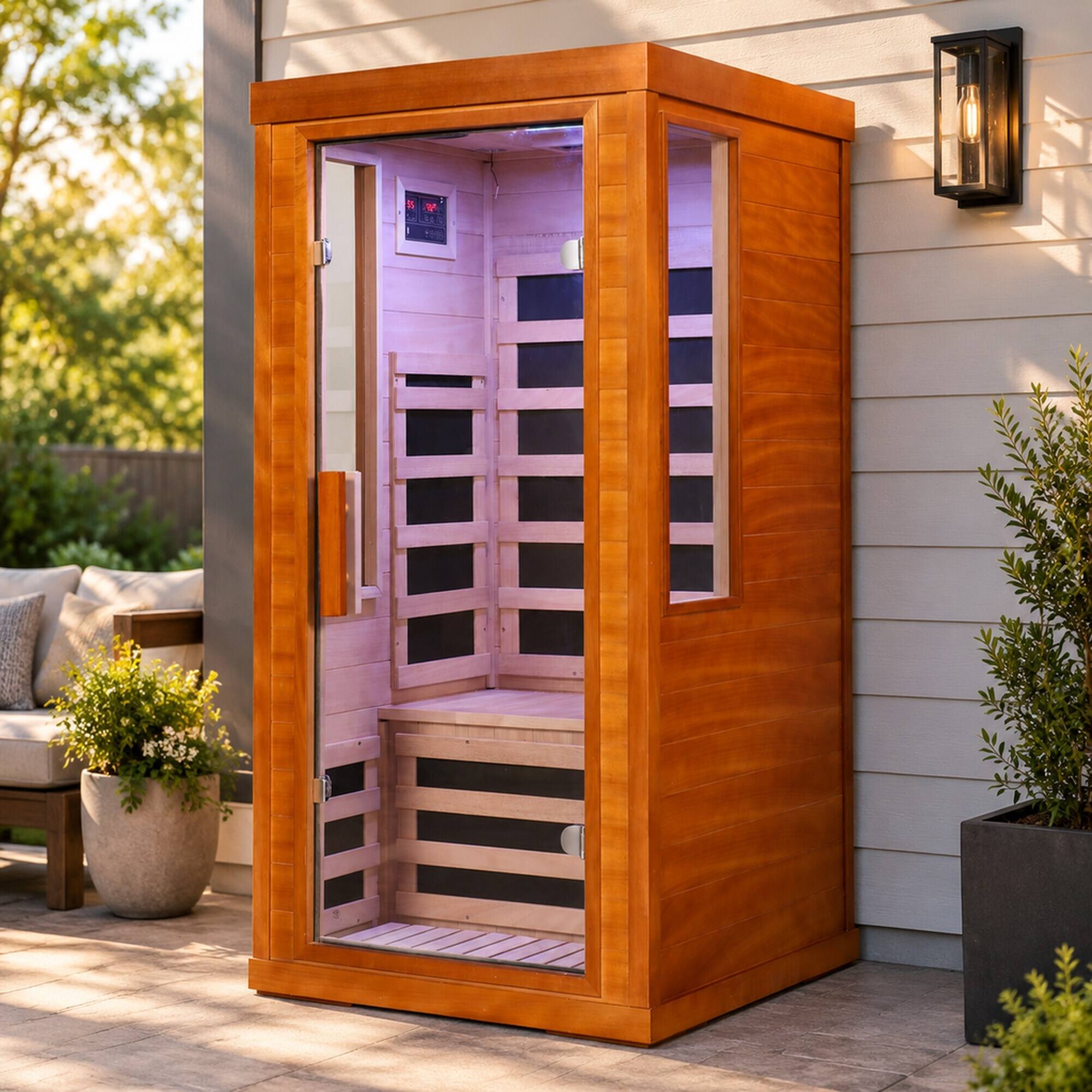 Angle. RYHNUYNE - One Person Far Infrared Sauna, 31.5 x 31.5 x 63.3 in, Okoume Wood, Tempered Glass Door, Bluetooth Audio and 7-Color - Red.