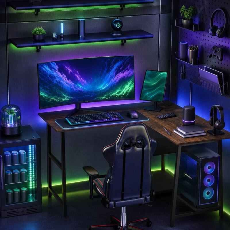 Angle. WELLFOR - 48" L Shape Desk with Charging Station, Corner Computer Desk with Storage Shelves for Home Office & Gaming - Brown.
