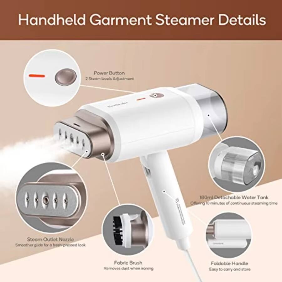 Handheld Garment Steamer Details

- Power Button
  - 2 Steam levels Adjustment

- 180ml Detachable Water Tank
  - Offering 10 minutes of continuous steaming time

- Steam Outlet Nozzle
  - Smoother glide for a fresh-pressed look

- Fabric Brush
  - Removes dust when ironing

- Foldable Handle
  - Easy to carry and store