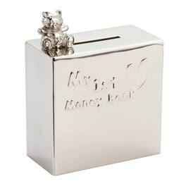 Jiallo - Nickel Plated Square My 1st Money Bank with Bear - Silver, Multi Color