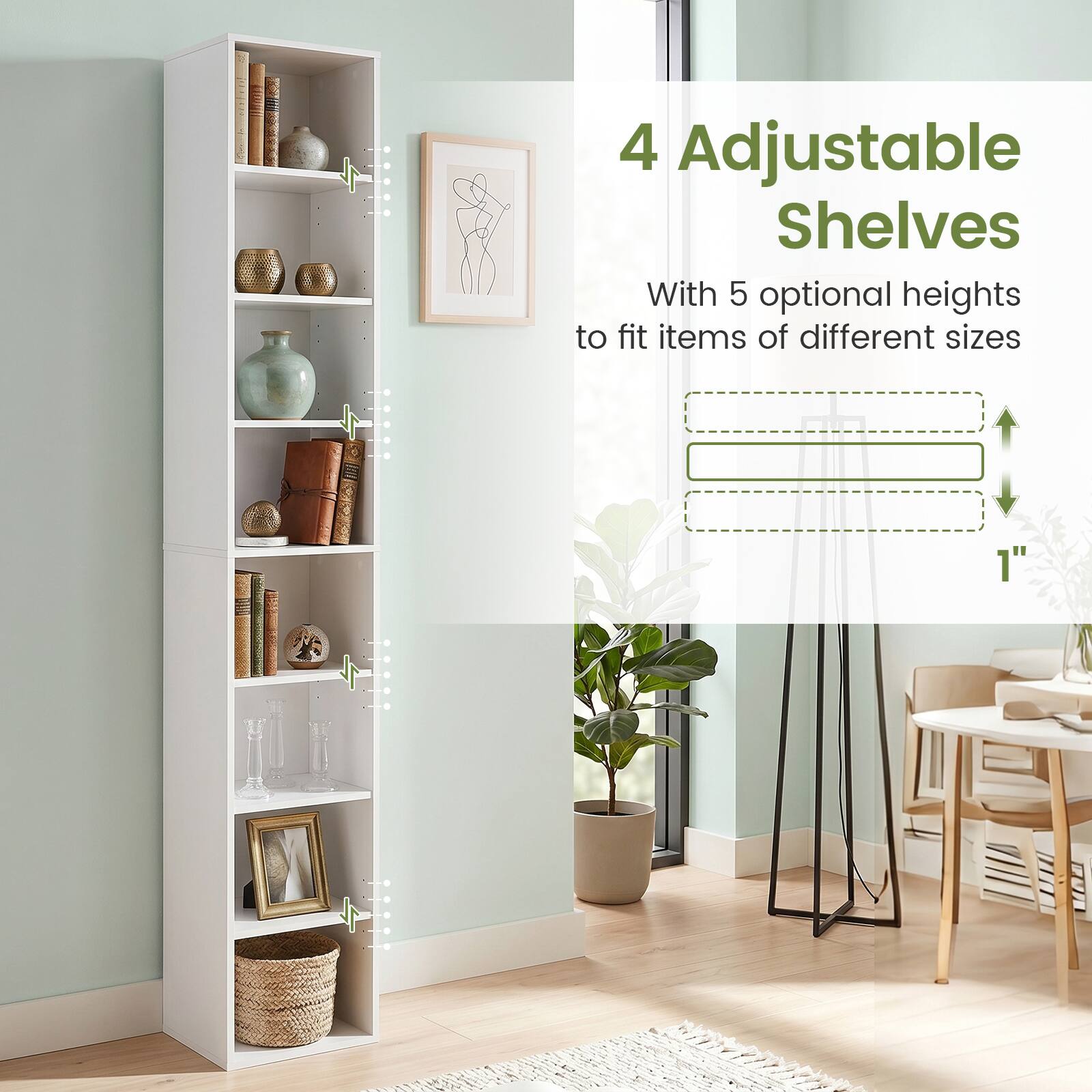 4 Adjustable Shelves With 5 optional heights to fit items of different sizes