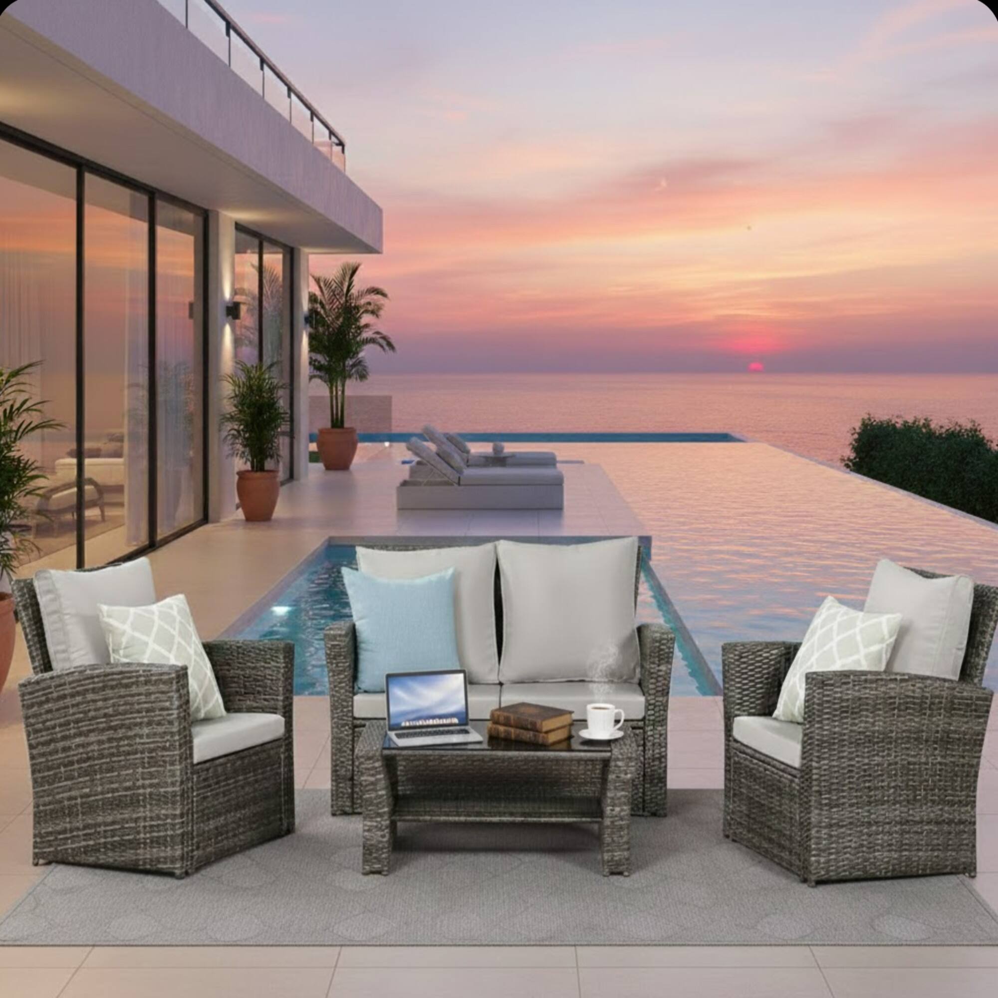 Angle. Mondawe - 4-Piece Wicker Patio Conversation Set with Glass Table and Cushions - Grey+Brown.