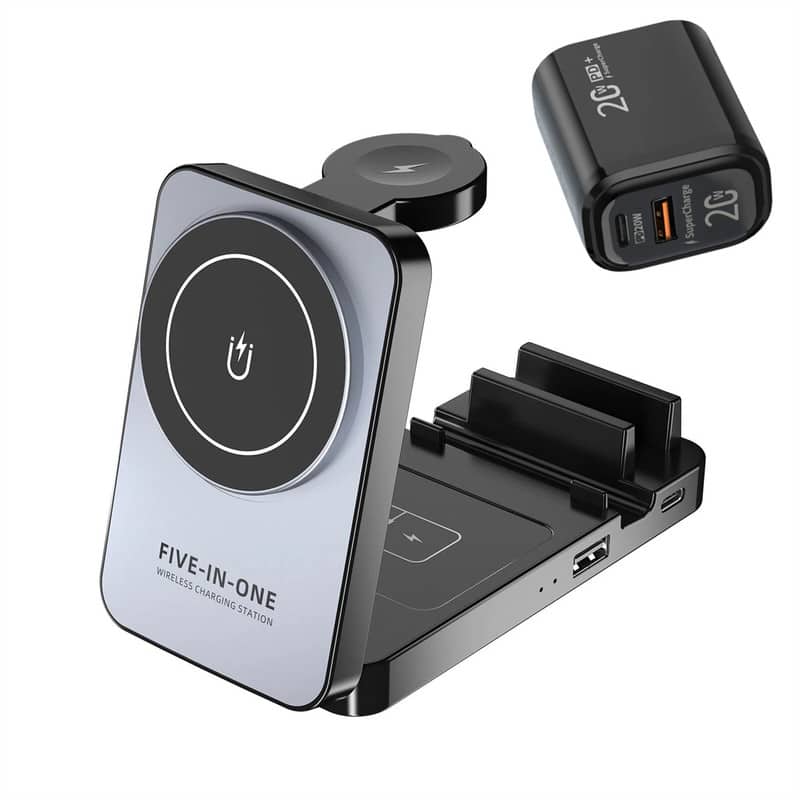 RISOKEYS - 5-in-1 Wireless Charger - Multi-Functional Foldable Portable Phone Stand for Apple Wireless Charging Station - Gray