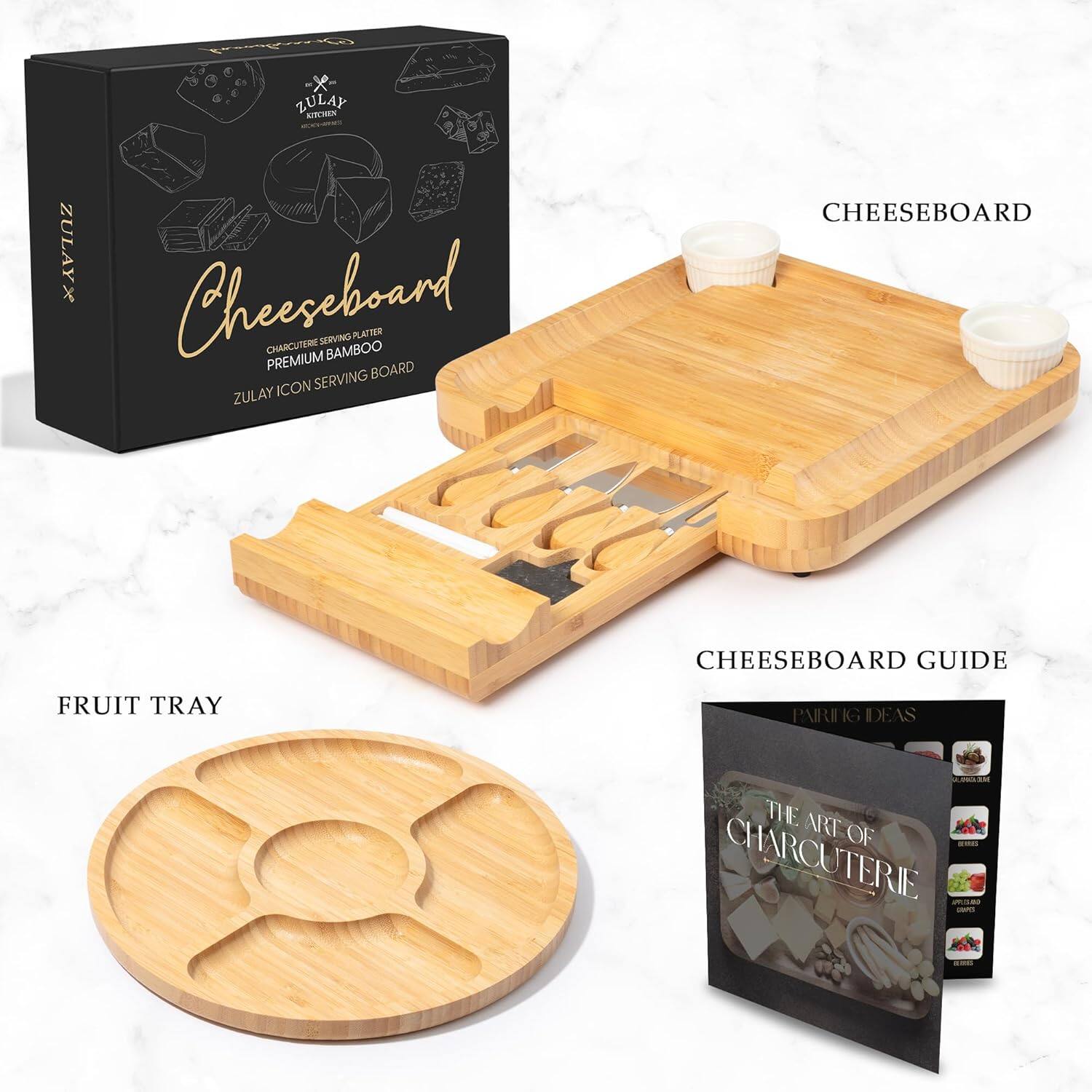 ZULAY KITCHEN PREMIUM BAMBOO CHARCUTERIE SERVING PLATTER  
ZULAY ICON SERVING BOARD  
CHEESEBOARD  
FRUIT TRAY  
CHEESEBOARD GUIDE  
THE ART OF CHARCUTERIE