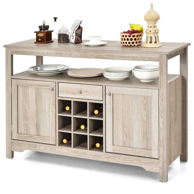 Angle. Hivvago - Gray Oak Buffet Server 9 Bottle Wine Cabinet Console - Gray.