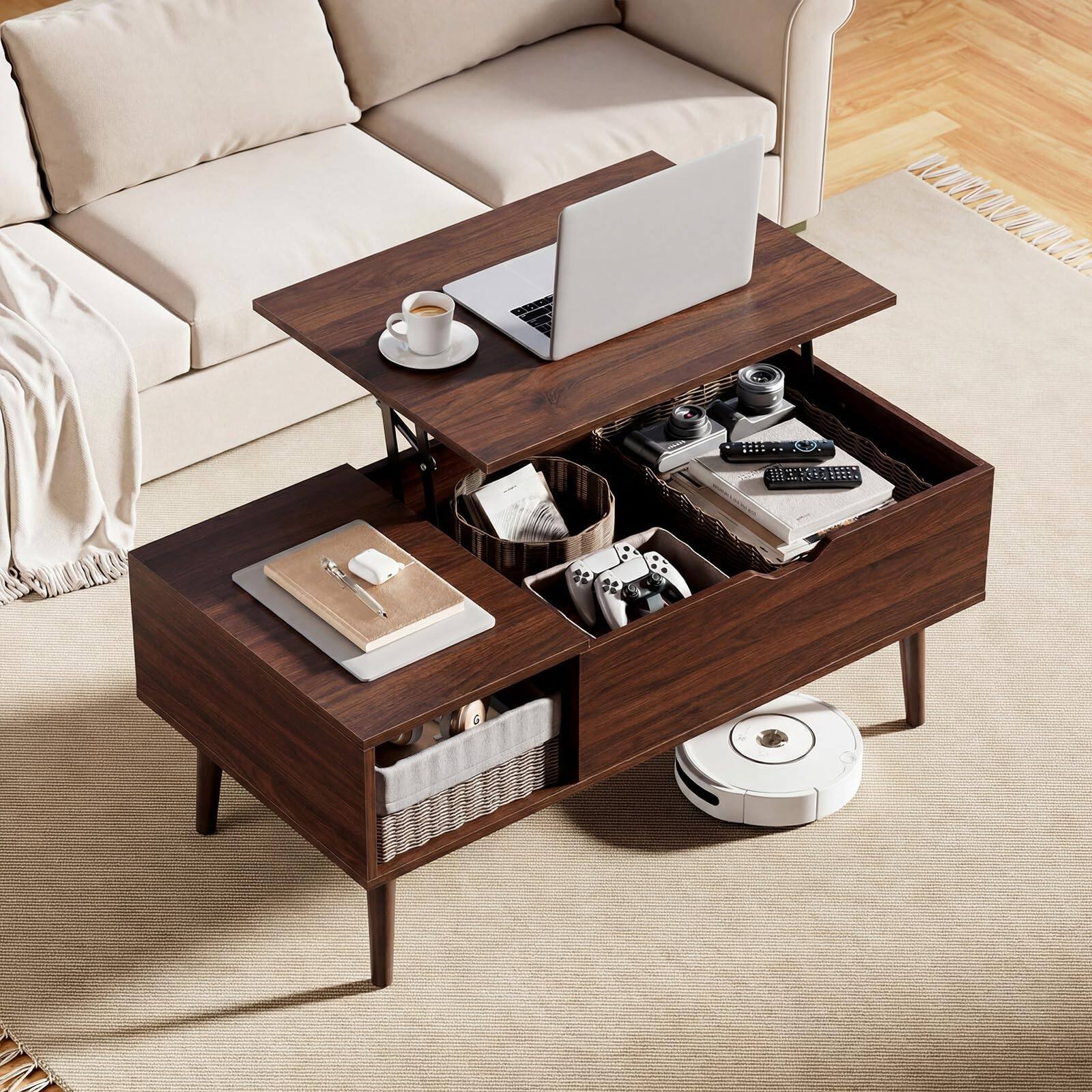 Alt View 5. Bestier - Wooden Lift Top Coffee Table with Hidden Compartments and Adjustable Storage Shelves - Brown.