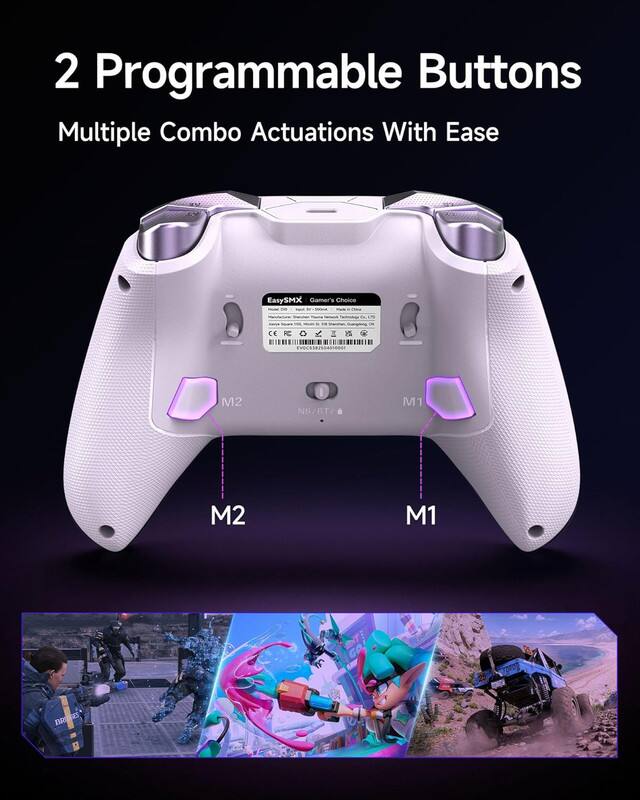 2 Programmable Buttons  
Multiple Combo Actuations With Ease  

EasySMX Gamer's Choice  
CE K I 240  
M2 N5/BT M1 M2 M1 E py BRUEES  

M2  
M1