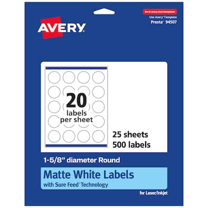 Go to avery.com/templates
AVERY
Use Avery™ Template Presta® 94507
20 labels per sheet
25 sheets
500 labels
1-5/8" diameter Round Matte White Labels with Sure Feed® Technology for Laser/Inkjet