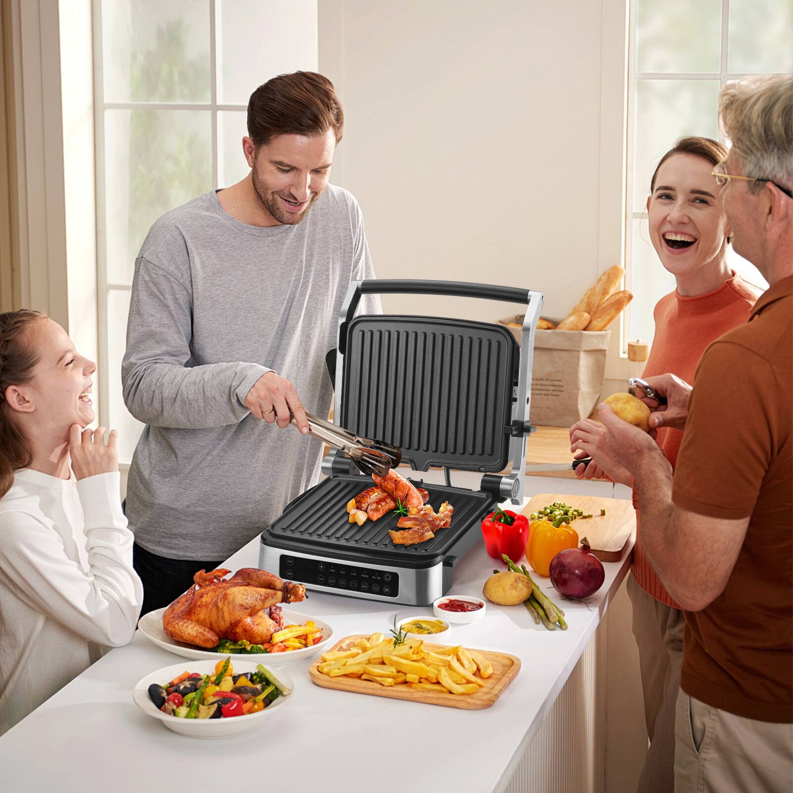 Angle. Sugift - 3-in-1 Electric Panini Press Grill Sandwich Maker with LED Display & 5 Auto Modes for Indoor & Outdoor - Black.