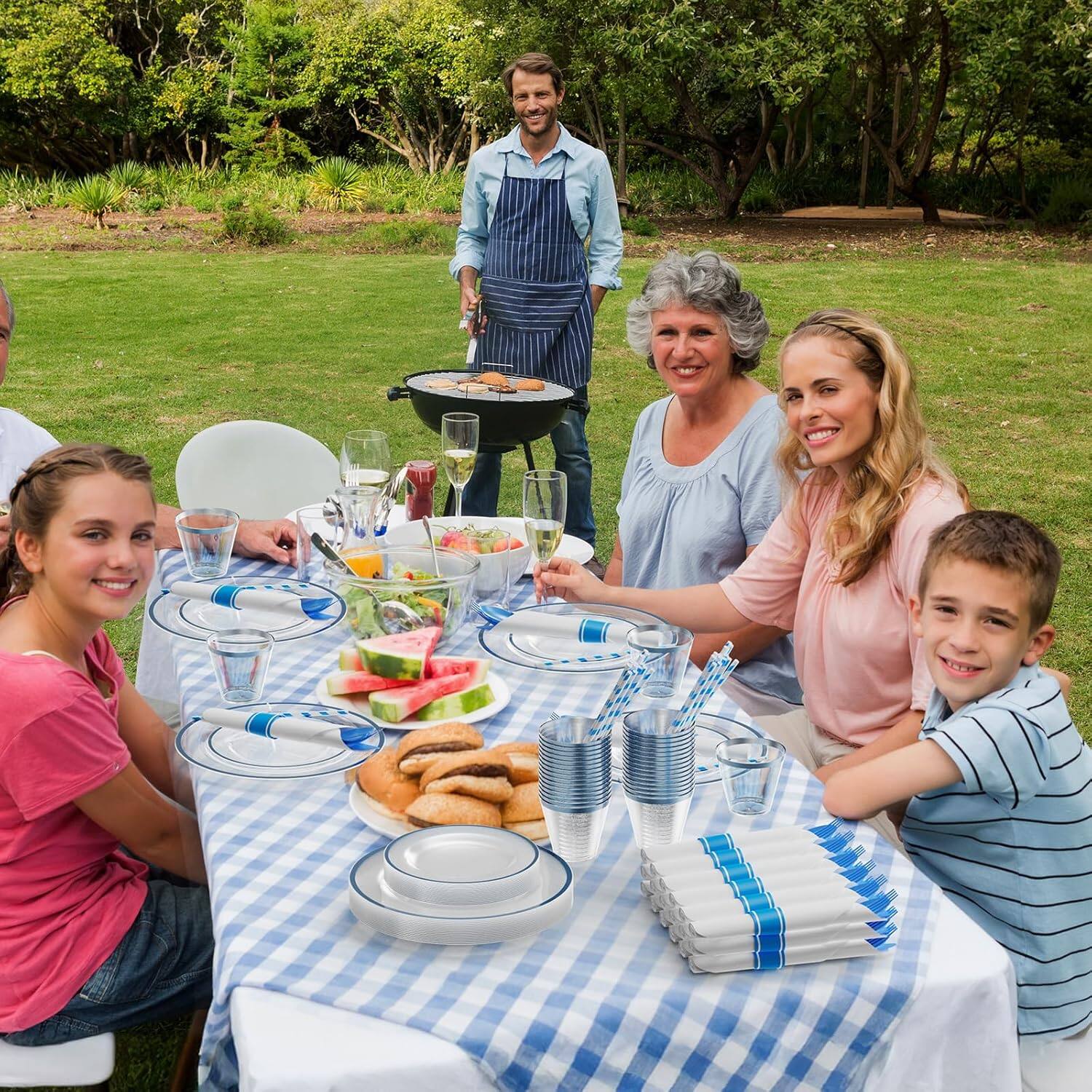 Back. Winado - 400 Piece Disposable Dinnerware Set with Plates, Cups, Napkins & Cutlery for 50 Guests, Clear Plastic Plates for Party - Blue.