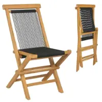 Costway 2 PCS Patio Folding Chairs with Woven Rope Seat & Back Indonesia Teak Wood for Porch - Natural + Black - Front_Zoom