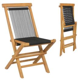 Costway - 2 PCS Patio Folding Chairs with Woven Rope Seat & Back Indonesia Teak Wood for Porch - Natural + Black